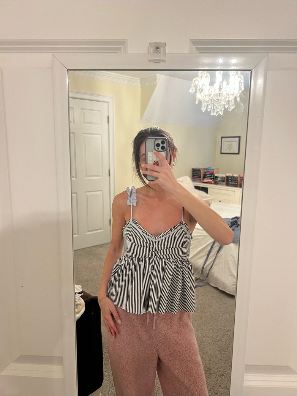 Striped Ruffle Peplum Tie-Strap Tank Top - Blue/White